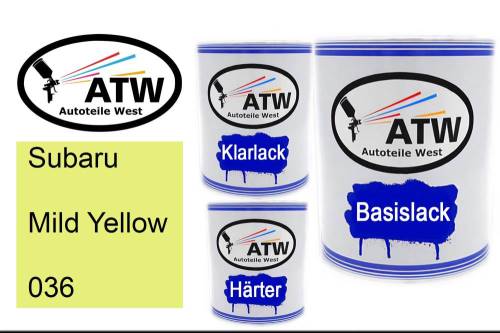 Subaru, Mild Yellow, 036: 1L Lackdose + 1L Klarlack + 500ml Härter - Set, von ATW Autoteile West.